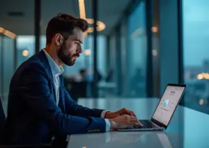 Человек проверяет электронную подпись на документе с помощью онлайн-сервиса в офисе