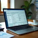 Профессиональное рабочее место с интерфейсом системы электронного документооборота на ноутбуке, документы и калькулятор на столе, символы малого бизнеса в России