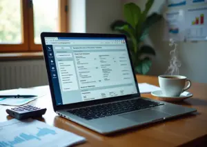 Профессиональное рабочее место с интерфейсом системы электронного документооборота на ноутбуке, документы и калькулятор на столе, символы малого бизнеса в России