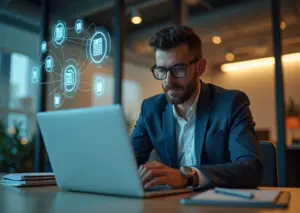 Предприниматель использует ноутбук в офисе с изображениями электронных документов, символизирующих обмен и решение проблем ЭДО