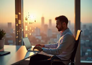 Иллюстрация электронного документооборота для ИП в России: предприниматель работает с цифровыми документами на ноутбуке в офисе