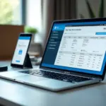 Рабочее место владельца интернет-магазина с ноутбуком, на экране электронный УПД, токен для электронной подписи и упаковочная коробка