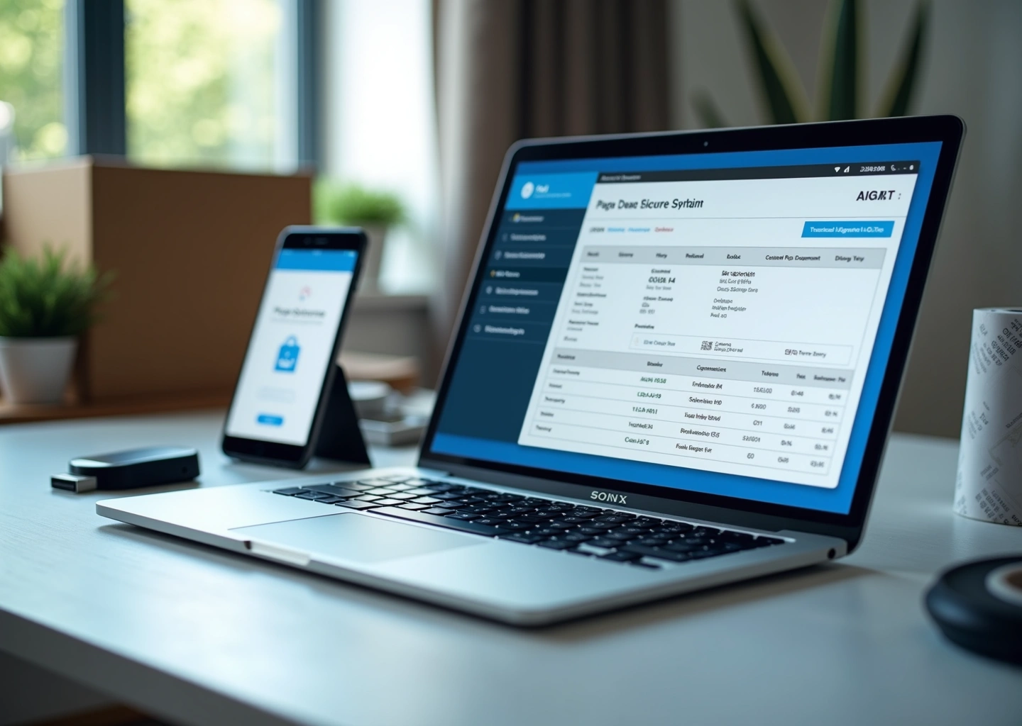 Рабочее место владельца интернет-магазина с ноутбуком, на экране электронный УПД, токен для электронной подписи и упаковочная коробка