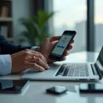 Предприниматель использует двухфакторную аутентификацию для доступа к сервису электронного документооборота: ноутбук с интерфейсом входа, смартфон с приложением для кодов и аппаратный ключ безопасности на столе