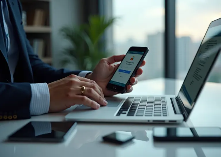 Предприниматель использует двухфакторную аутентификацию для доступа к сервису электронного документооборота: ноутбук с интерфейсом входа, смартфон с приложением для кодов и аппаратный ключ безопасности на столе