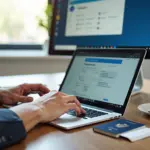 Самозанятый подписывает электронные документы на ноутбуке с видимыми элементами КЭП и интерфейсом ЭДО