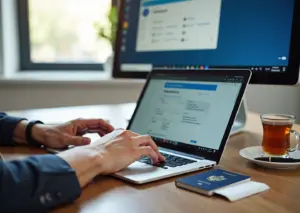 Самозанятый подписывает электронные документы на ноутбуке с видимыми элементами КЭП и интерфейсом ЭДО