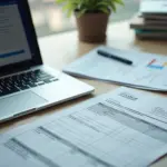 Рабочий стол предпринимателя с ноутбуком, открытой CRM для выставления счёта, распечатанным УПД и планшетом для электронной подписи