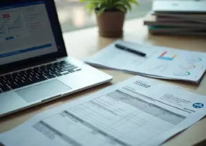 Рабочий стол предпринимателя с ноутбуком, открытой CRM для выставления счёта, распечатанным УПД и планшетом для электронной подписи