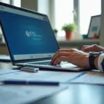 ИП за рабочим столом с ноутбуком, на экране страница сервиса ФНС для электронного документооборота, рядом токен ЭЦП и документы