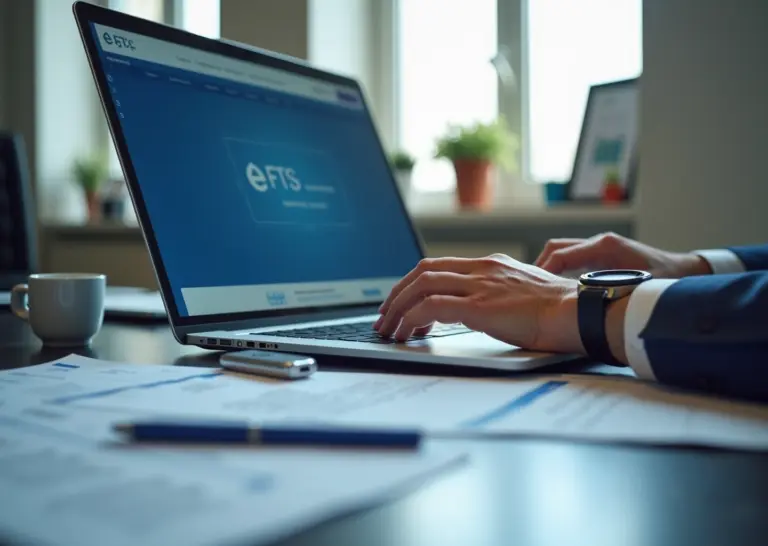 ИП за рабочим столом с ноутбуком, на экране страница сервиса ФНС для электронного документооборота, рядом токен ЭЦП и документы