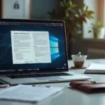 Рабочее место ИП с ноутбуком, интерфейсом ЭДО и иконкой электронной подписи на экране, смартфон с уведомлением, элементы офиса и тонкая символика России