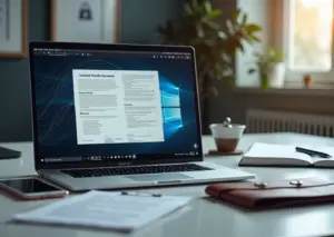 Рабочее место ИП с ноутбуком, интерфейсом ЭДО и иконкой электронной подписи на экране, смартфон с уведомлением, элементы офиса и тонкая символика России