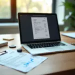 ИП за столом с ноутбуком, распечатанным УПД с подписью, конвертом заказного письма и USB токеном для КЭП на рабочем столе