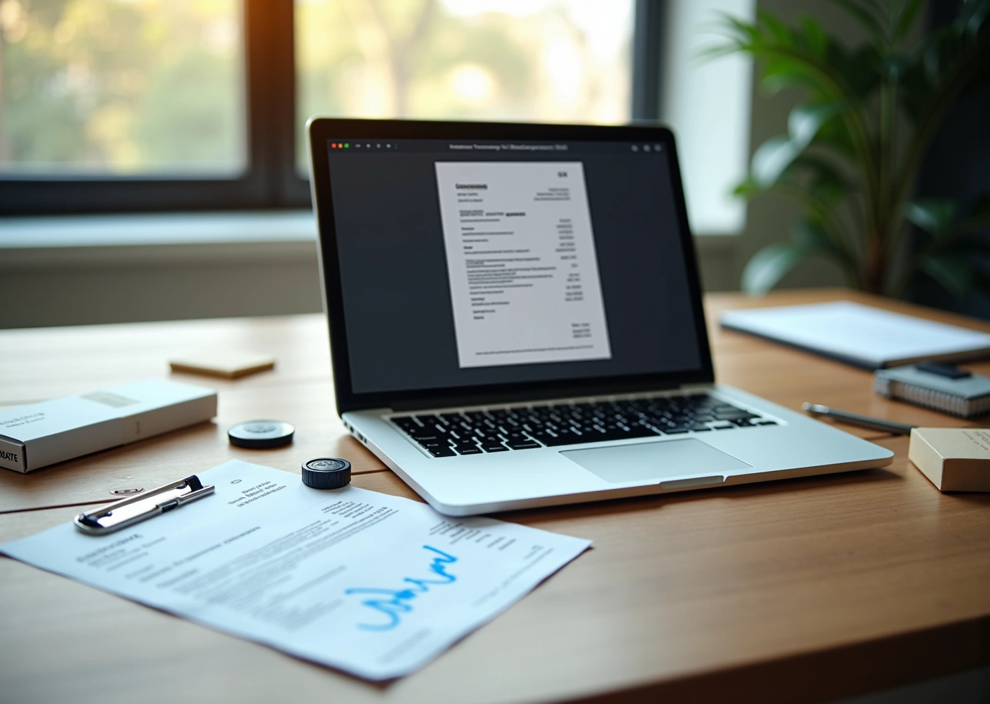 ИП за столом с ноутбуком, распечатанным УПД с подписью, конвертом заказного письма и USB токеном для КЭП на рабочем столе