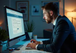 Офисный рабочий стол с компьютером, на экране которого отображается сообщение об ошибке цифрового сертификата на русском языке, документы и смартфон с приложениями для электронного документооборота для малого бизнеса в России.