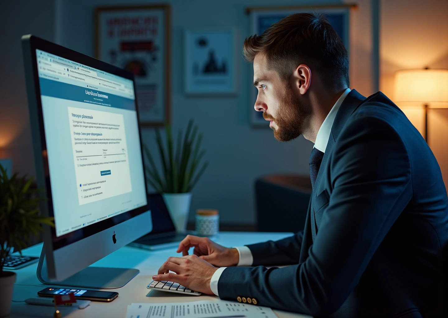 Офисный рабочий стол с компьютером, на экране которого отображается сообщение об ошибке цифрового сертификата на русском языке, документы и смартфон с приложениями для электронного документооборота для малого бизнеса в России.