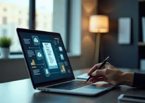 Индивидуальный предприниматель использует электронный документооборот на ноутбуке, вокруг иконки облачного хранения, налоговых отчетов и бизнес-графиков