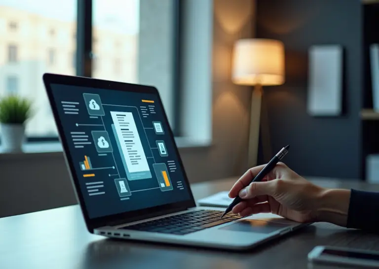 Индивидуальный предприниматель использует электронный документооборот на ноутбуке, вокруг иконки облачного хранения, налоговых отчетов и бизнес-графиков