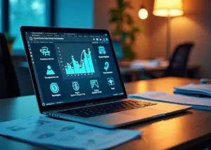 Современный офисный стол с ноутбуком, показывающим сервис электронного документооборота, документами и иконками налоговой отчетности и малого бизнеса