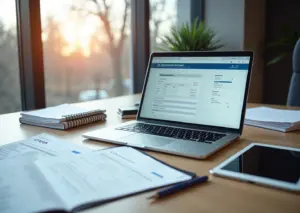 Современный офис с ноутбуком, показывающим программное обеспечение для электронного документооборота на русском языке, окруженный бизнес-документами, налоговыми формами и устройствами электронной подписи