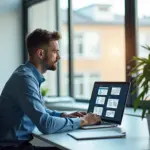 Современный предприниматель использует электронный документооборот на ноутбуке с российскими налоговыми формами