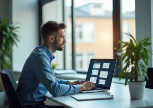 Современный предприниматель использует электронный документооборот на ноутбуке с российскими налоговыми формами